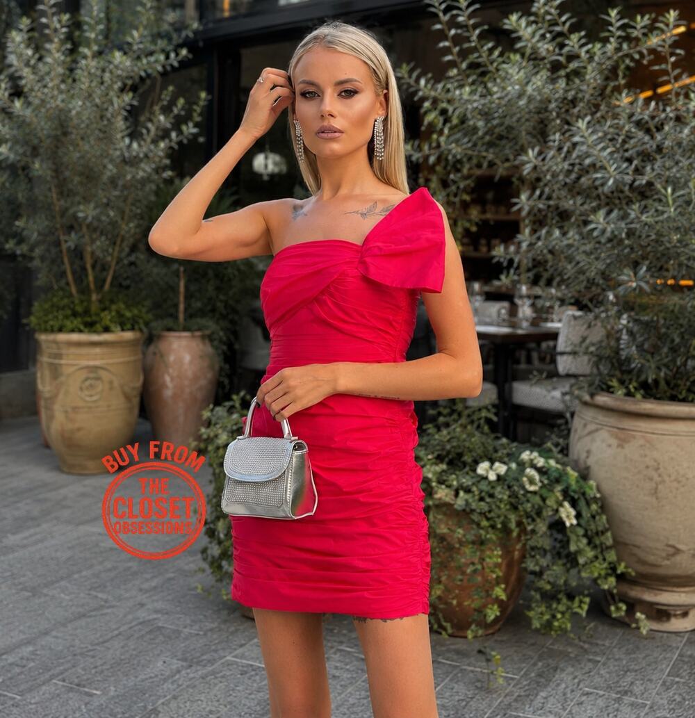 ZARA Red Bow Shoulder Mini Dress NWT Ruched Cocktail Party Dress